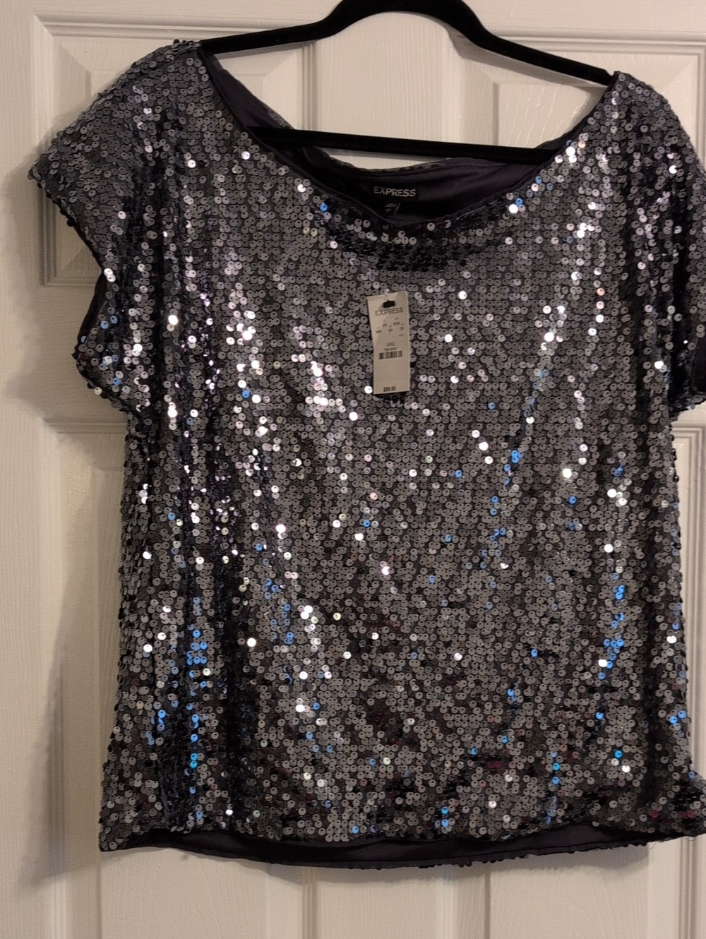 Express Silver Sequined Short Sleeve Tee